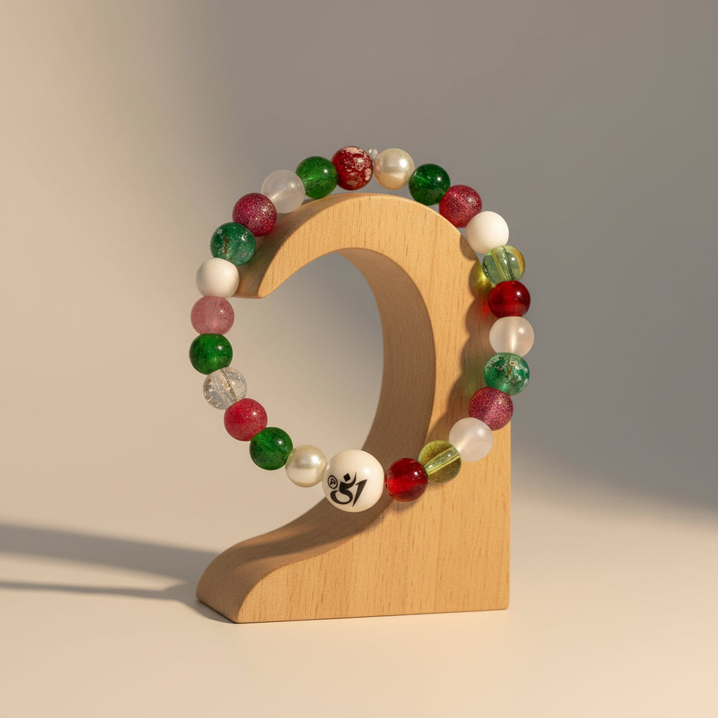 Multicolored beaded bracelet with a central white bead featuring a symbol on a light gray background
