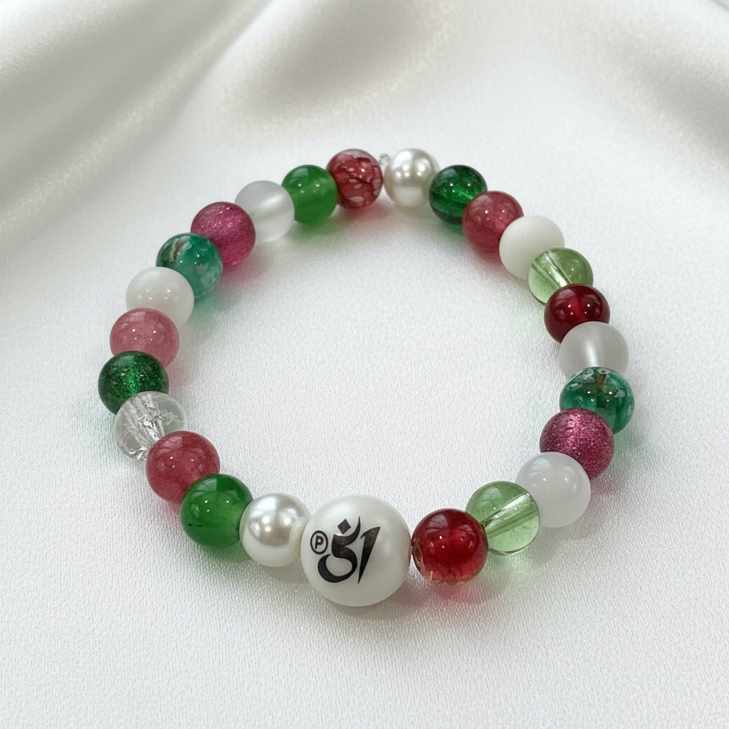 Colorful beaded bracelet with a central white bead featuring a symbol on a white background